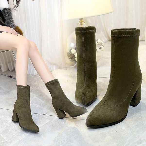 

boots stretch women 2021 high-heeled thick heel pointed short female back zipper fashion suede, Black