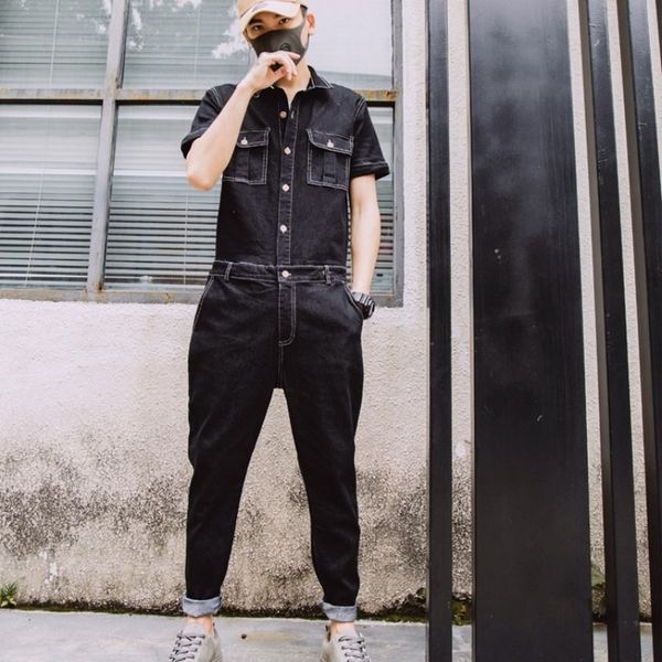 

men's jeans harajuku men a piece denim overalls falcon embroidered jeans bib general streetwear zipper suit long cargo pants pockets d6, Blue