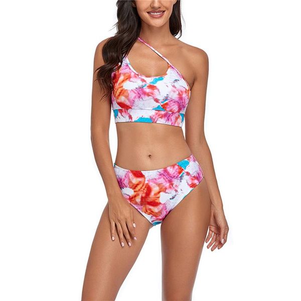 

women's swimwear 2021 ladies bikini set tie-dye floral single shoulder vest high waist elastic panties two piece swimming, White;black