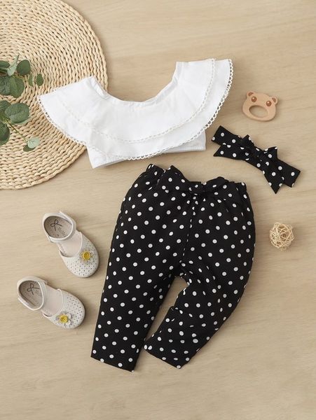 

baby ruffle & polka dot print bow front pants & headband set she, White