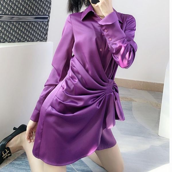 

casual dresses full sleeved asymmetric satin dress 2021 summer ladies button lapel pleated waist mini hip, Black;gray