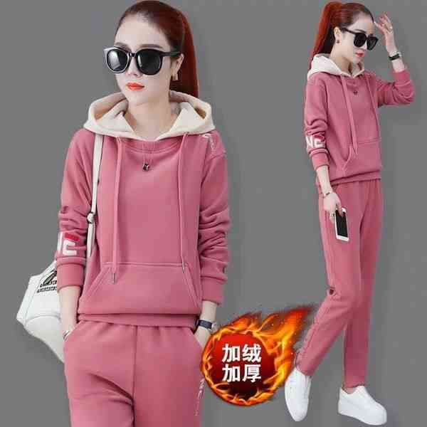 

sportswear 2021 autumn winter new loose plush thickened embroidered hoodie casual two piece set women's wear, Gray