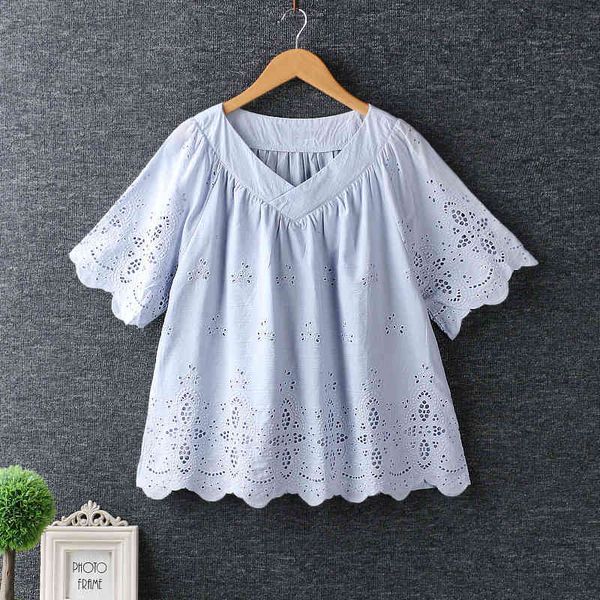 

women's blouses & shirts 5 colors-- lamtrip hollow out embroidery v-neck short sleeve shirt blouse women summer mori girl we8g, White