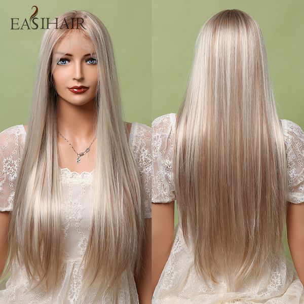 

blonde mixed brown lace front wigs long straight natural wigs for women silk lace frontal synthetic wig heat resistant, Black