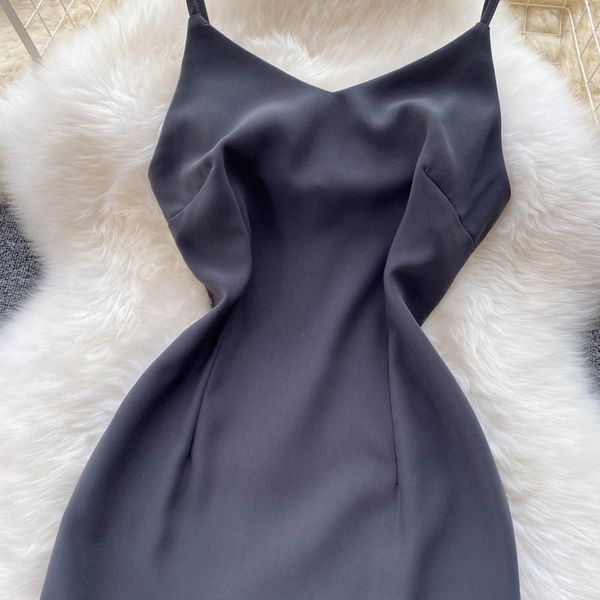 

summer spaghetti strap party dress for women black v-neck sleeveless high waist ruffle mermaid vestidos female 2021 new, Black;gray