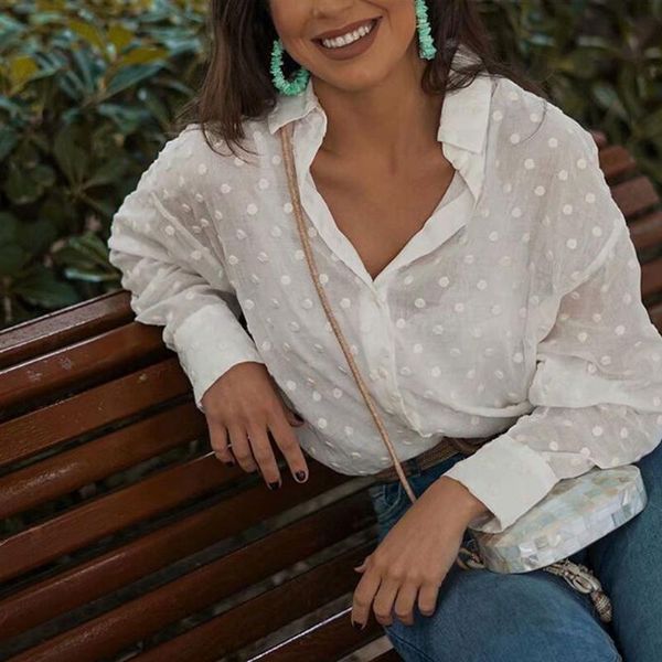 

women's t-shirt women ladies casual fashion 2021 long sleeve lapel polka dot shirt holiday, White