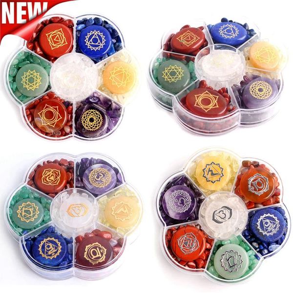 

natural set 7 chakra stones symbols 7 kinds crystal gravels chips set with plastic container palm gemstones decor reiki healing