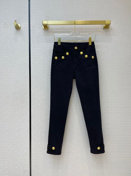 

high 2021 spring quality women gold button black denim pants female casual skinny jeans gdnz 3.02 women's, Blue