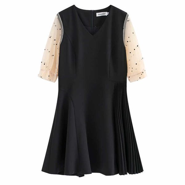 

perhaps u black blue vintage mesh polka dot patchwork lantern half sleeve v neck dress summer elegant zipper a line d1339 210529, Black;gray