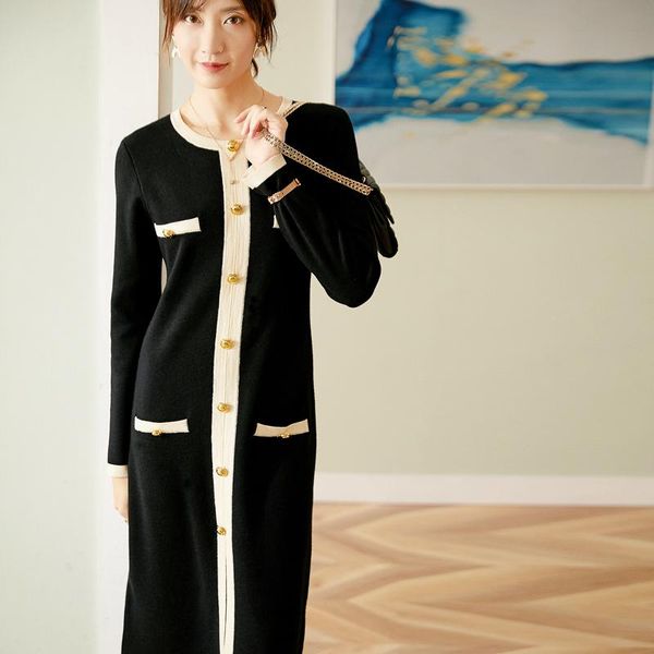 

casual dresses gold button wool long sleeve sweater slim women s knitting dress autumn and winter, Black;gray