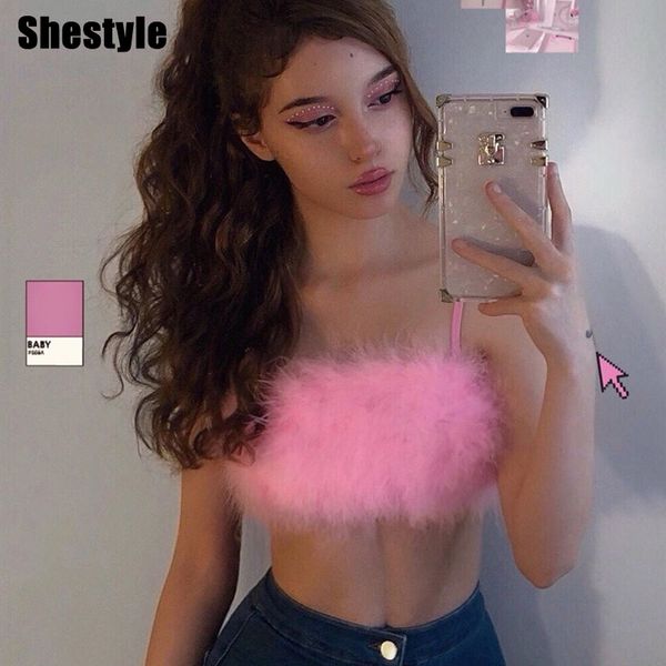 

shestyle faux fur pink spaghetti strap crop women sweetheart backless sleeveless 2021 summer lovely party camis youthing, Black;white