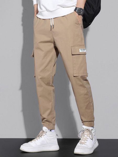

men drawstring waist patch detail cargo pants 08mf#, Black