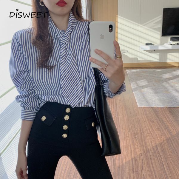 

sweaters striped tie woman korean long-sleeved single-breasted loose women simple slim temperament women's shirt, White;black