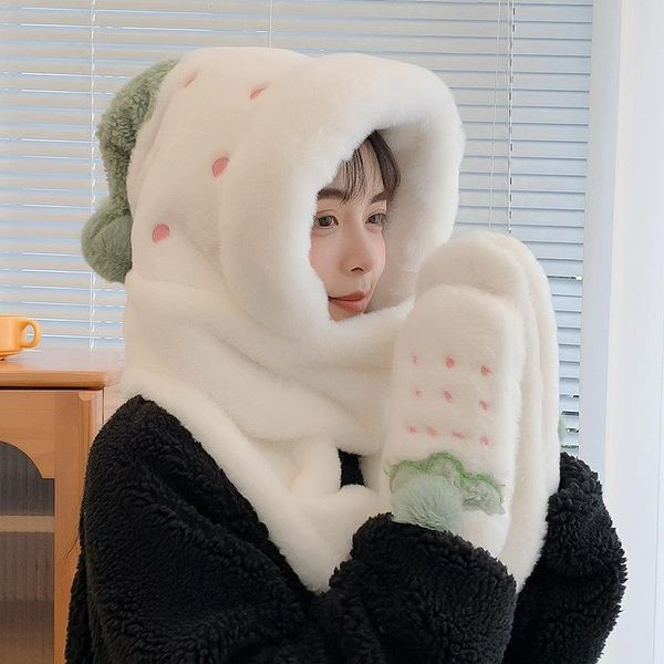 

hats, scarves & gloves sets cute strawberry plush hat scarf three-piece set women's autumn/winter style fur plus velvet warm thick, Blue;gray