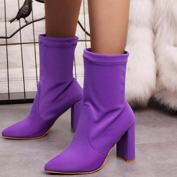 

boots women flock pointed toe winter ladies party western stretch fabric big size 25-62, Black