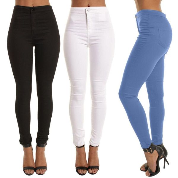 

women's jeans solid color high waist hip lifting tight elastic pants washed casual denim pencil streetwear, Blue