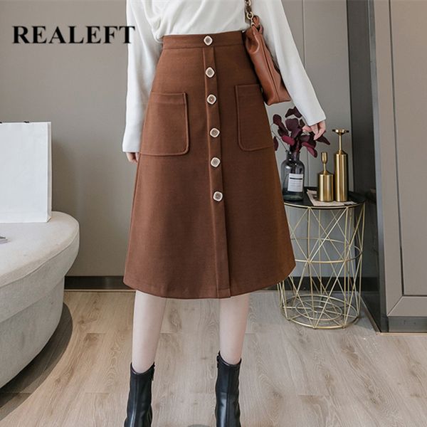 

woolen women's a-line skirt korean style high waist single breasted pockets chic ol winter ladies skirts female 210428, Black
