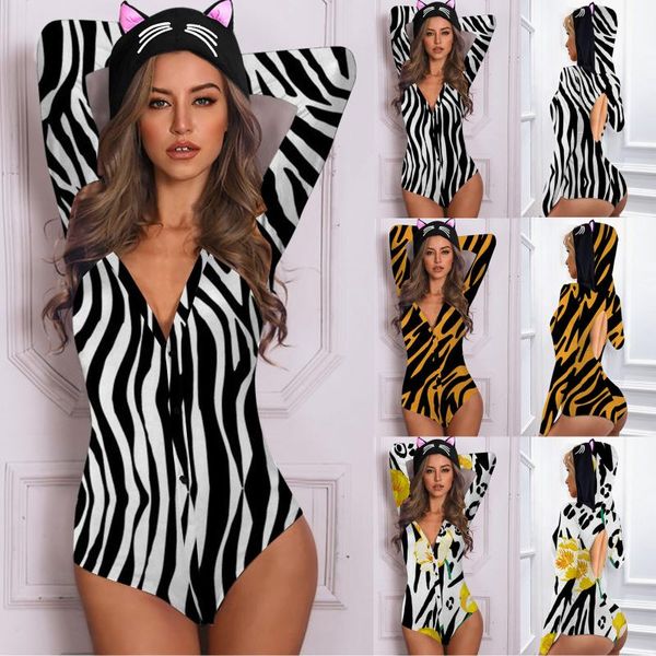 

women's jumpsuits & rompers women backless print long sleeve nightwear jumpsuit bodysuit playsuit romper, Black;white