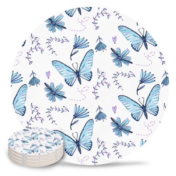 

mats & pads blue purple butterfly with flower coasters for cup dining table kitchen decor non slip home decoration accessories