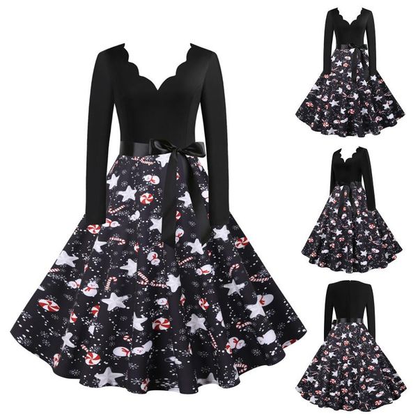 

casual dresses 2021 winter christmas dress women vintage long sleeve 1950s housewife evening party robe noel femme, Black;gray