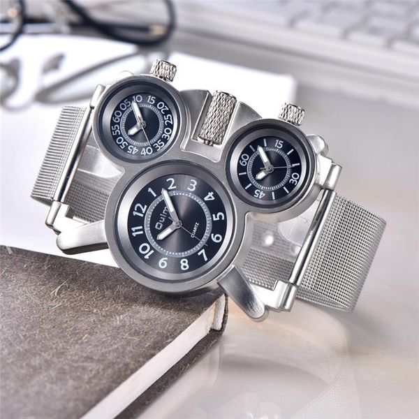 

wristwatches oulm 1167 men watches mesh steel outdoor quartz wristwatch three time zone unique male clock military watch relogio masculino, Slivery;brown