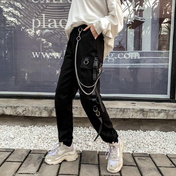 

men cargo harajuku chain pockets womens capri ankle trousers high waist hip hop punk black harem streetwear, Black;white