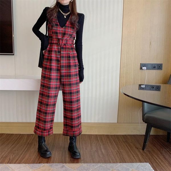 

jumpsuit women autumn and winter korean version plaid casual loose 2021 strap rompers overalls women's jumpsuits, Black;white