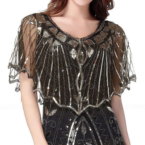 

scarves women's vintage 1920s shawl beaded sequin bolero flapper evening cape bridal cover up gold black, Blue;gray