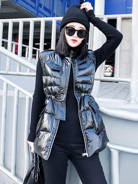 

women's vest slim fitting cotton waistcoat stand collar zipper large pocket down with shoulder1, Black;white