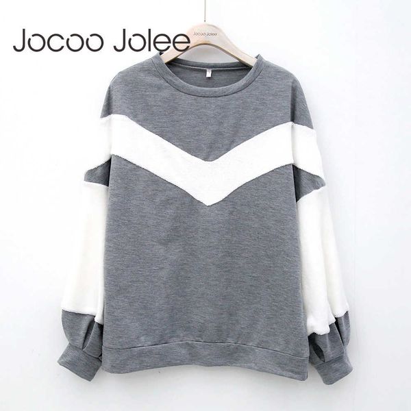 

jocoo jolee spring winter women casual lantern sleeve o-neck warm sweatshirt geometric patchwork pattern hoodies 210619, Black