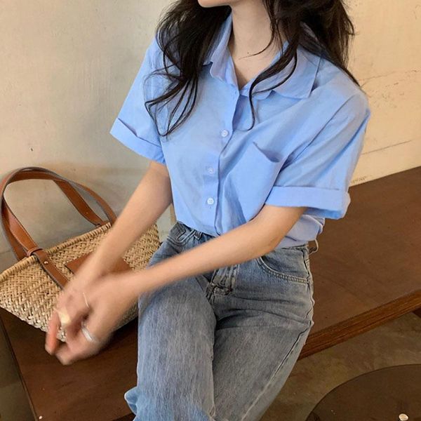 

women's t-shirt pt100hx short-sleeve shirts summer lapel casual blouse with short sleeves, White