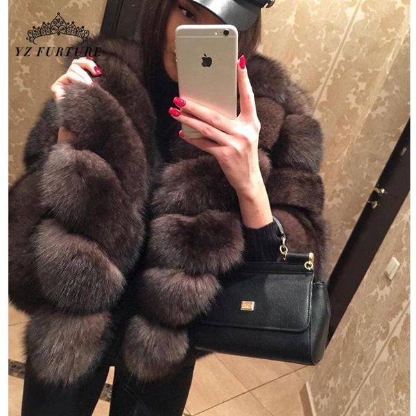 

women's fur & faux 2021 100% real coat natural jacket dark sable big collar genuine, Black