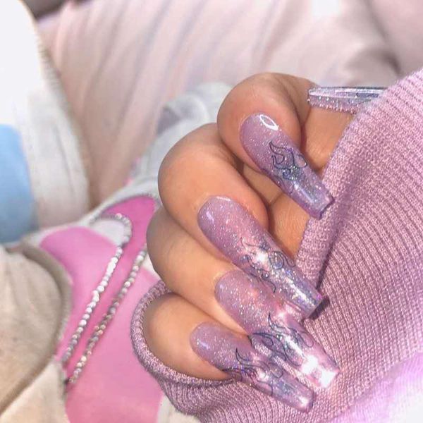 

false nails 24pcs/box long stiletto fake purple sequin flame punk full cover artificial nail tips manicure tools col-jsp, Red;gold