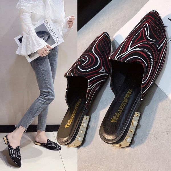 

slippers summer flip-flop women's pointed ess chunky and casual all-match striped semi-slipper sandals, Black