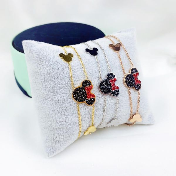

beaded, strands kawaii mouse zirkoon bracelet beautiful titanium steel material bangle ingested rose gold silver color women, Black
