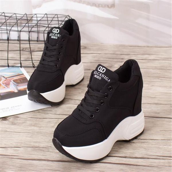 

Women Sneakers Mesh Casual Platform Trainers White Shoes 10CM Heels Autumn Wedges Breathable Woman Height Increasing Shoes, Black