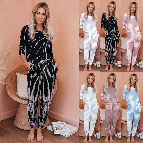 

autumn winter home suits, womens pants long sleeve pullover tie dye printed 2 piece sets casual pocket decor women, White
