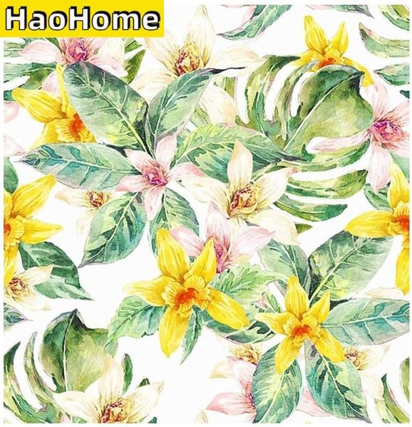 

haohome handpainting washcolor peel and stick wallpaper yellow beige lily floral self-adhesive prepasted roll wallpapers