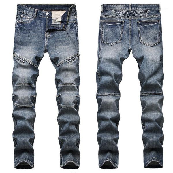 

european mens ripped denim jeans zipper decoration cowboy fashion streetwear long pants male casual trousers jb922 men's, Blue