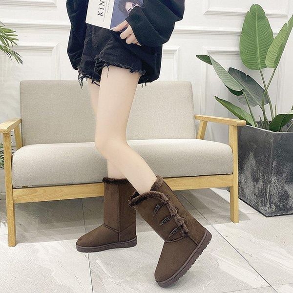 

boots 2021 fashion buckle round head snow mid-calf female warm comfortable plush insole winter soft bottom, Black