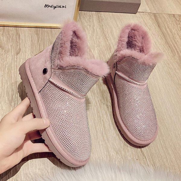 

boots women snow winter warm casual ankle female non slip rhinstone pu leather flats on fashion ladies footwear, Black
