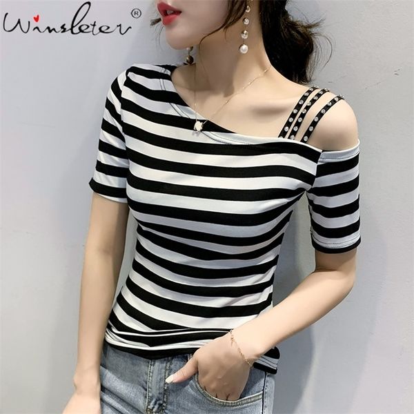 

womens fashion shoulder straps off shoulder summer short sleeve striped ladies t shirt cotton t03703b 210317, White