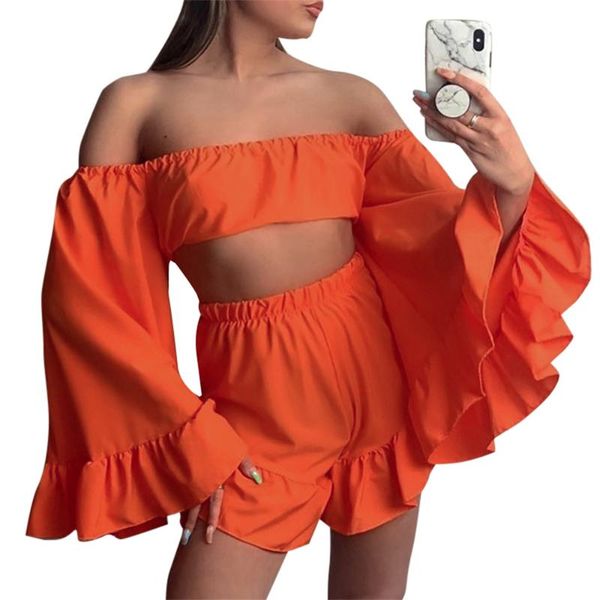 

women's tracksuits brand chic two-piece set summer solid color off-the-shoulder long flared sleeves crop and shorts outfits 2pcs, Gray