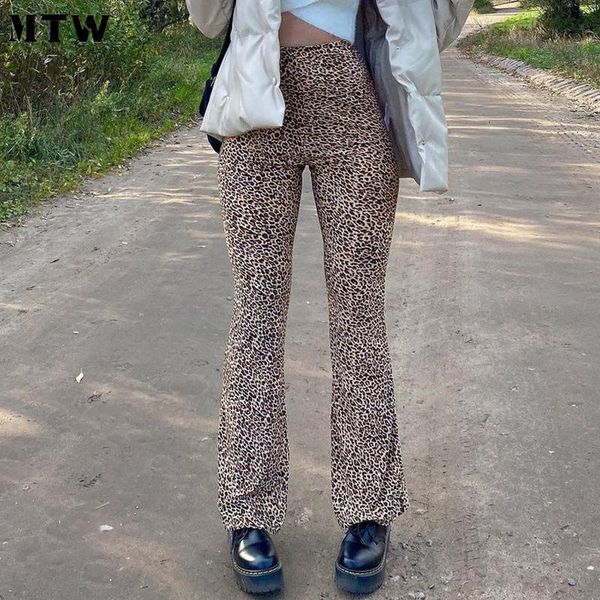 

women leopard print flare pants spring casual mesh two-layers trouser 2021 vintage high waist slim long women's & capris, Black;white