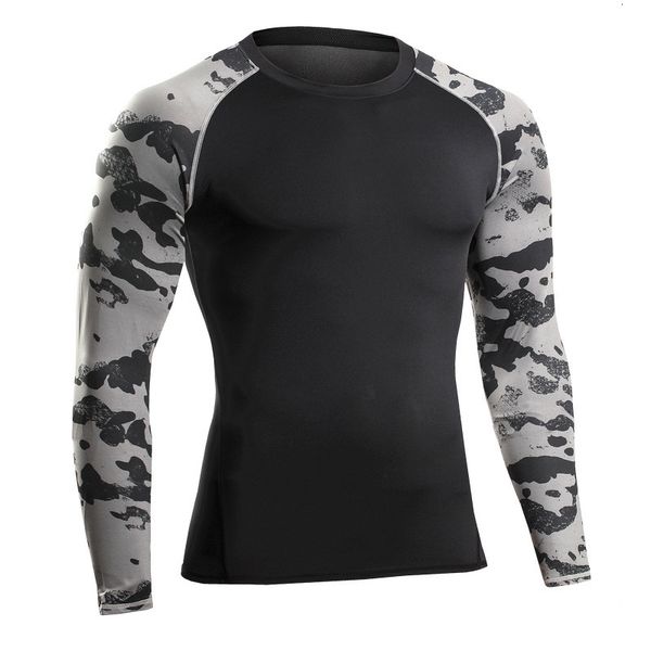 

men's tracksuits fashion autumn winter camouflage sleeve o-neck patchwork ny elastic compression tight quick drying tshirts shaper, Gray