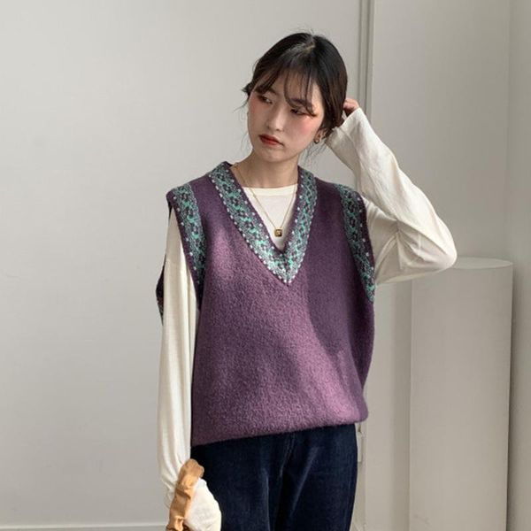 

women's vests knitted v neck jumper casual sweater vest pullover women vintage sleeveless korean loose autumn warm girls coat 2021, Black;white
