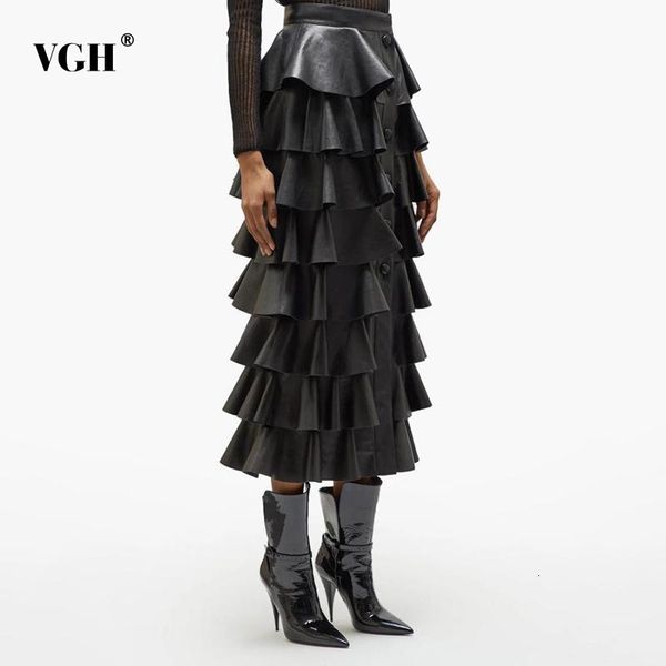 

skirts vgh elegant black pu leather ruffle women's high waist buttons streetwear style midi female for skirt fashion clothes