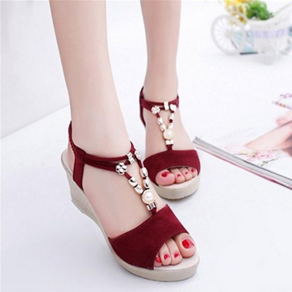 

dress shoes women's sandals fashion wedges string bead casual roman elastic band flock rubber 2021 large size, Black