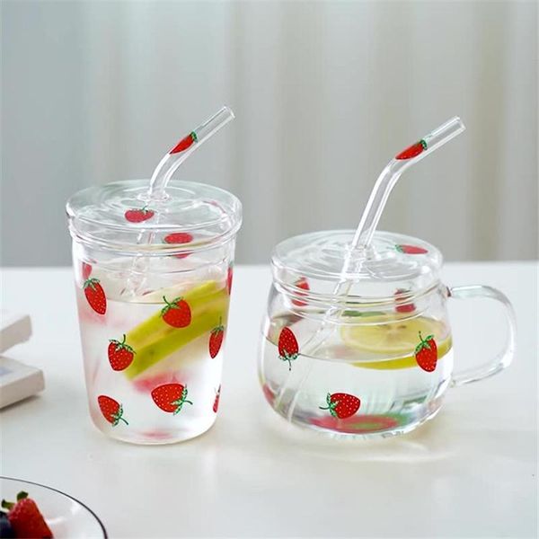 

wine glasses european cute strawberry glass coffee mug with straw creative heat resistant transparent water cup household milk juice cups