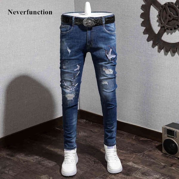 

jeans men hip hop bird embroidered ripped skinny knee holes distressed motorcycle male streetwear joggers denim trousers, Blue